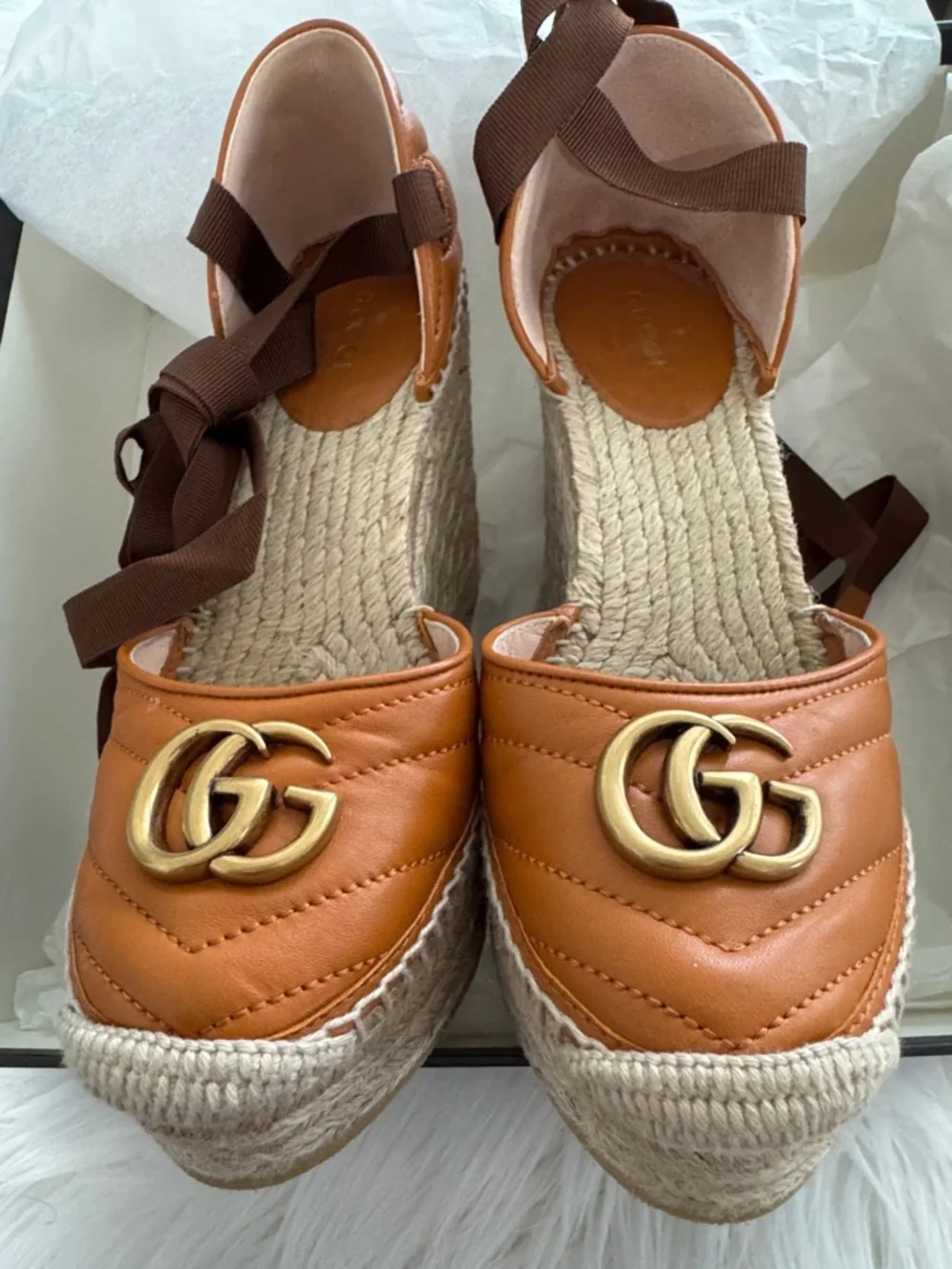 ✨ Gucci Marmont Espadrille Platform Sandals – Cognac Leather (Size 36) ✨